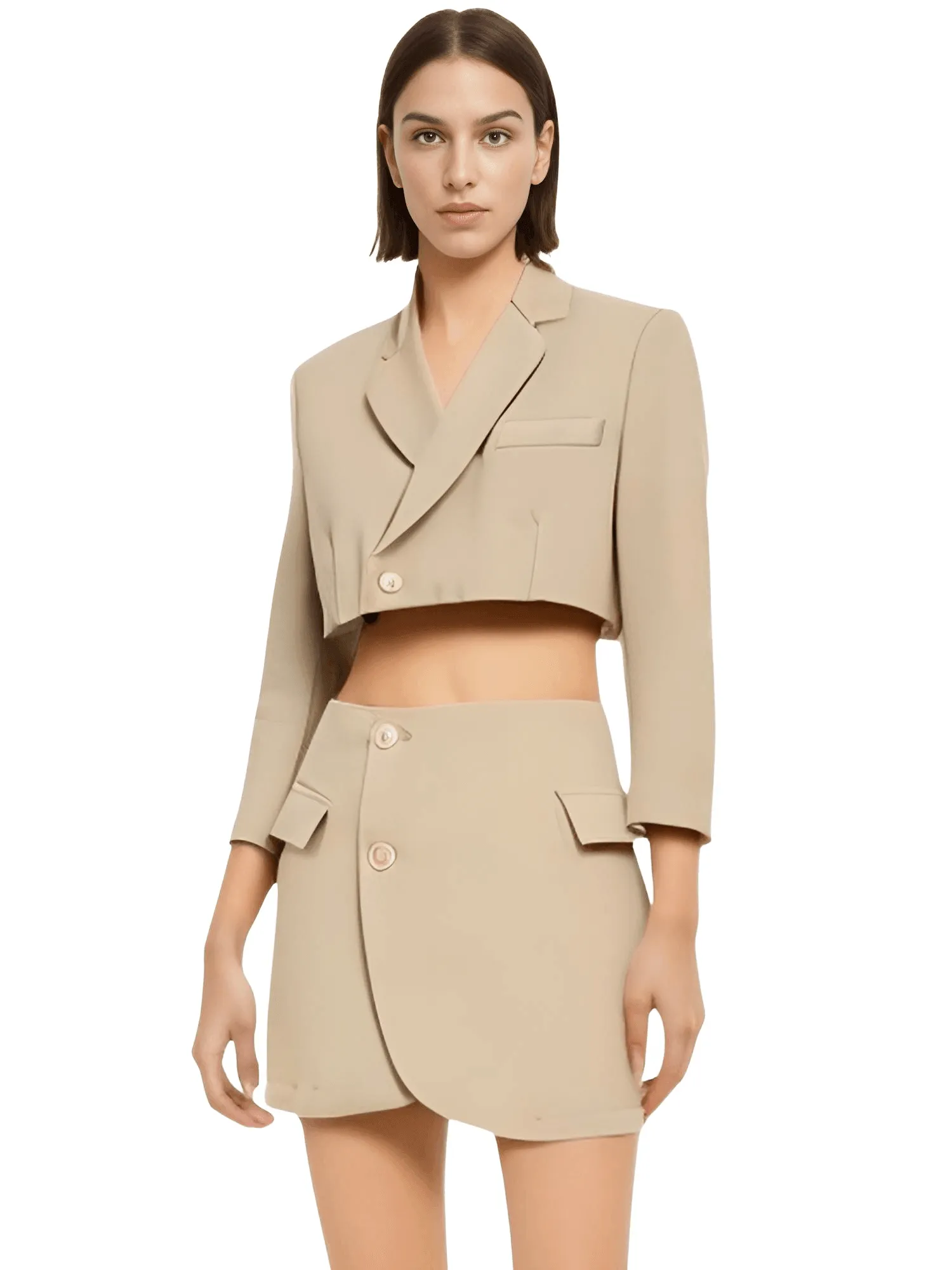 Women's Blazer Mini Skirt Set One Button Cropped Blazer And Cross Slit Skirt Set