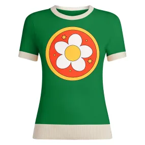 Women's Green Knitted T-shirt With Flower