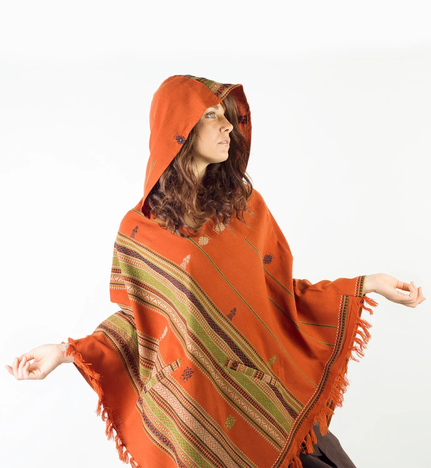 Womens Handmade Cashmere Poncho with Large Hoodie Orange Wool Earthy Tribal Pattern Festival Gypsy AJJAYA Bohemian Hari Primitive Natural