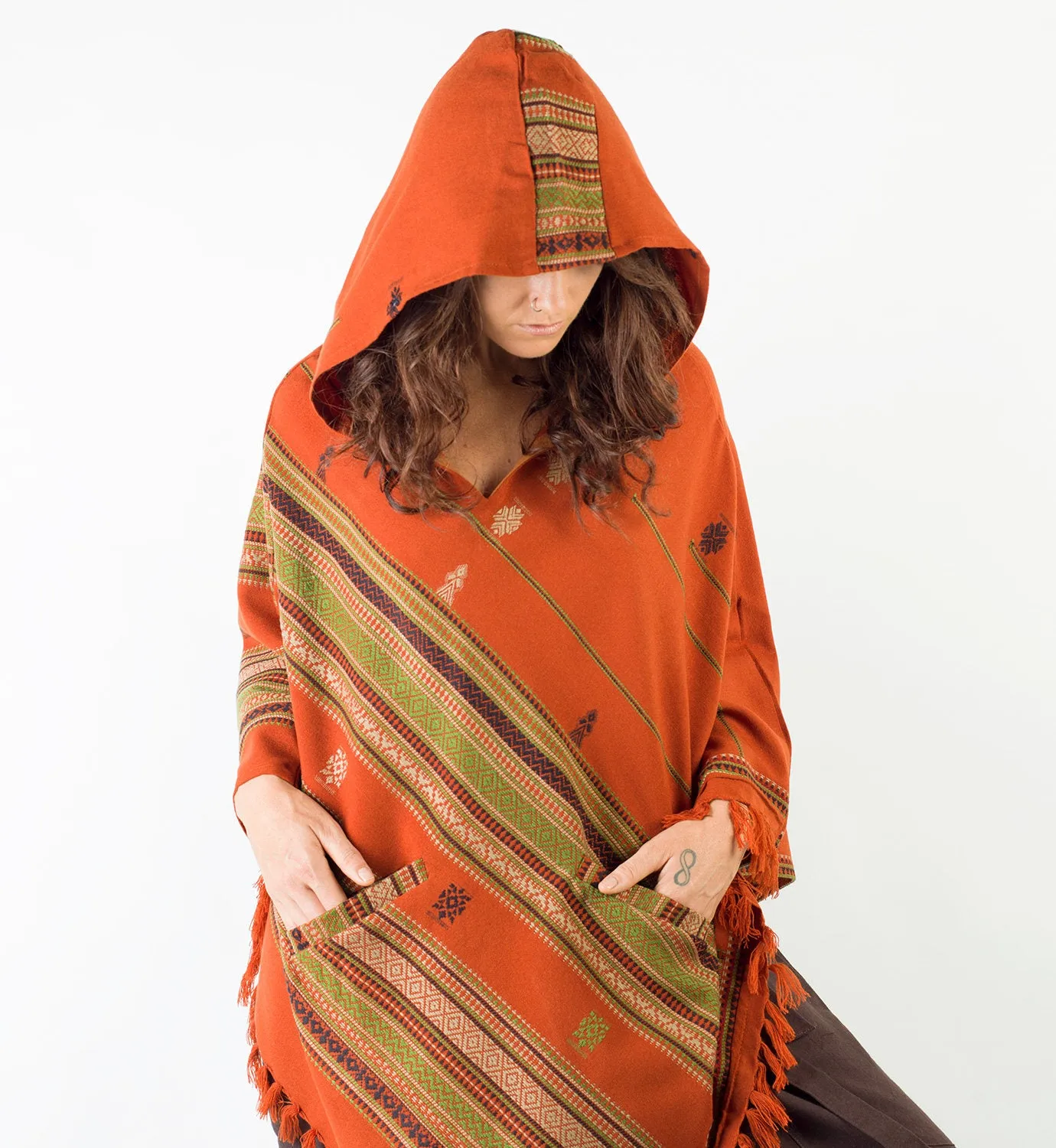 Womens Handmade Cashmere Poncho with Large Hoodie Orange Wool Earthy Tribal Pattern Festival Gypsy AJJAYA Bohemian Hari Primitive Natural