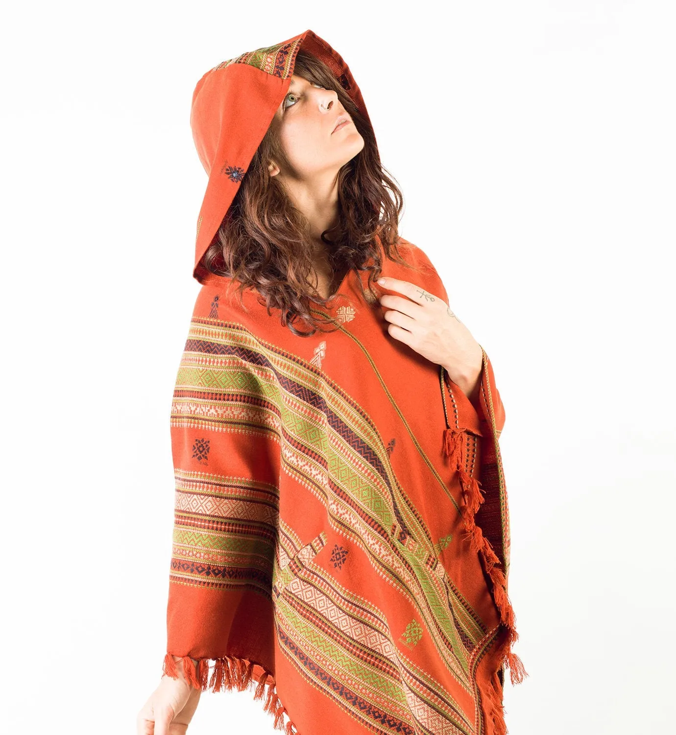 Womens Handmade Cashmere Poncho with Large Hoodie Orange Wool Earthy Tribal Pattern Festival Gypsy AJJAYA Bohemian Hari Primitive Natural