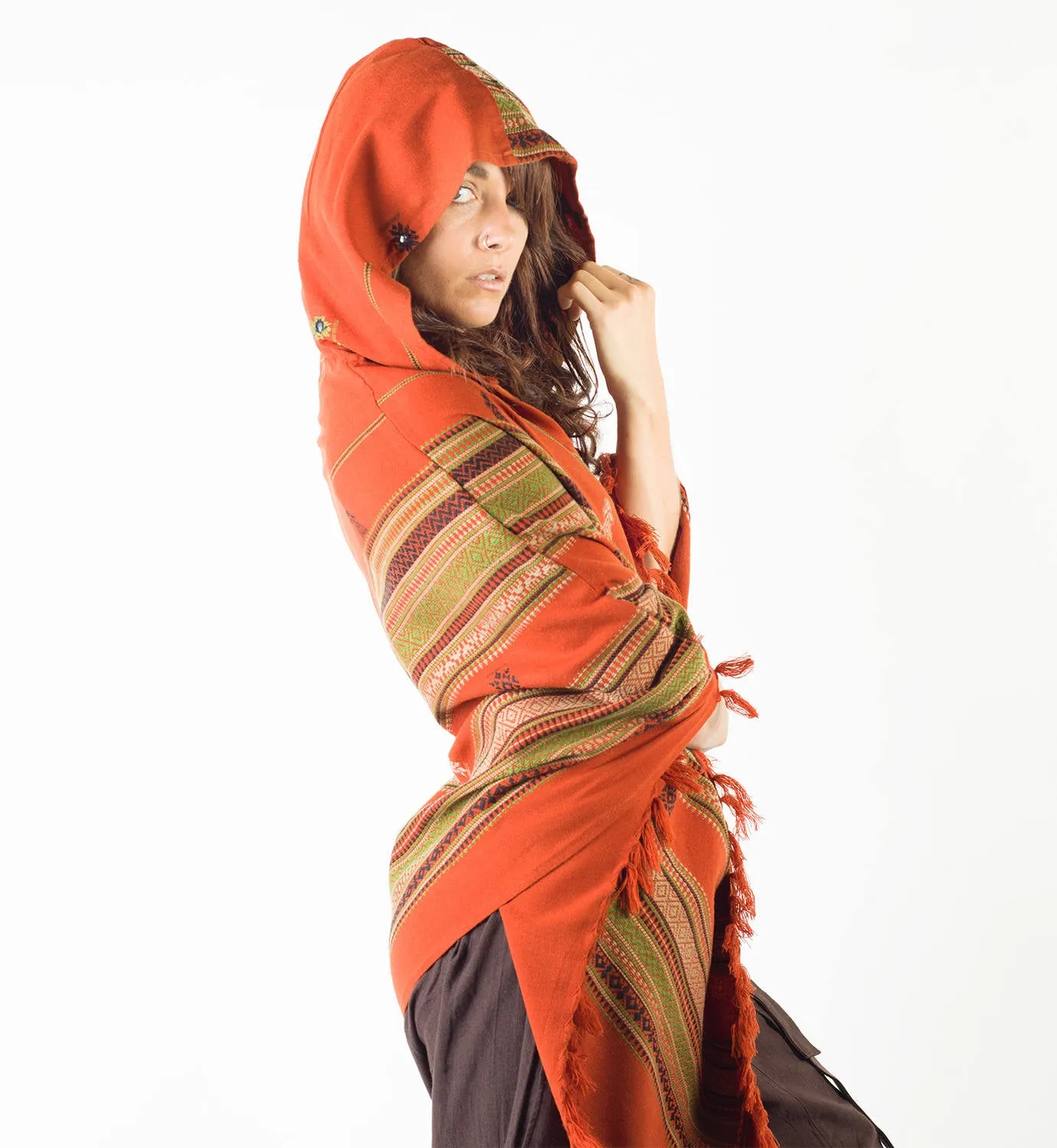 Womens Handmade Cashmere Poncho with Large Hoodie Orange Wool Earthy Tribal Pattern Festival Gypsy AJJAYA Bohemian Hari Primitive Natural