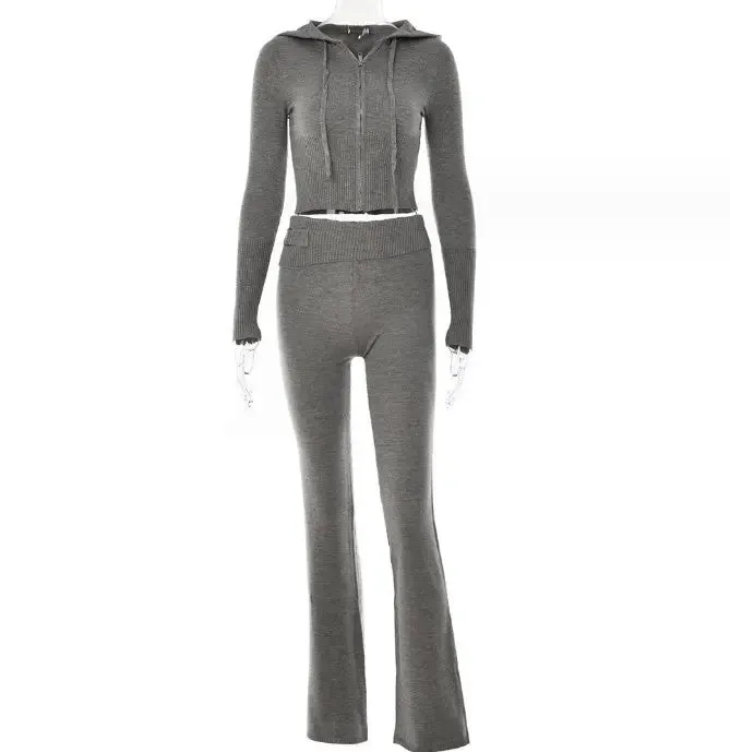 Women's Hooded Sweater And High Waist Long Pants Set