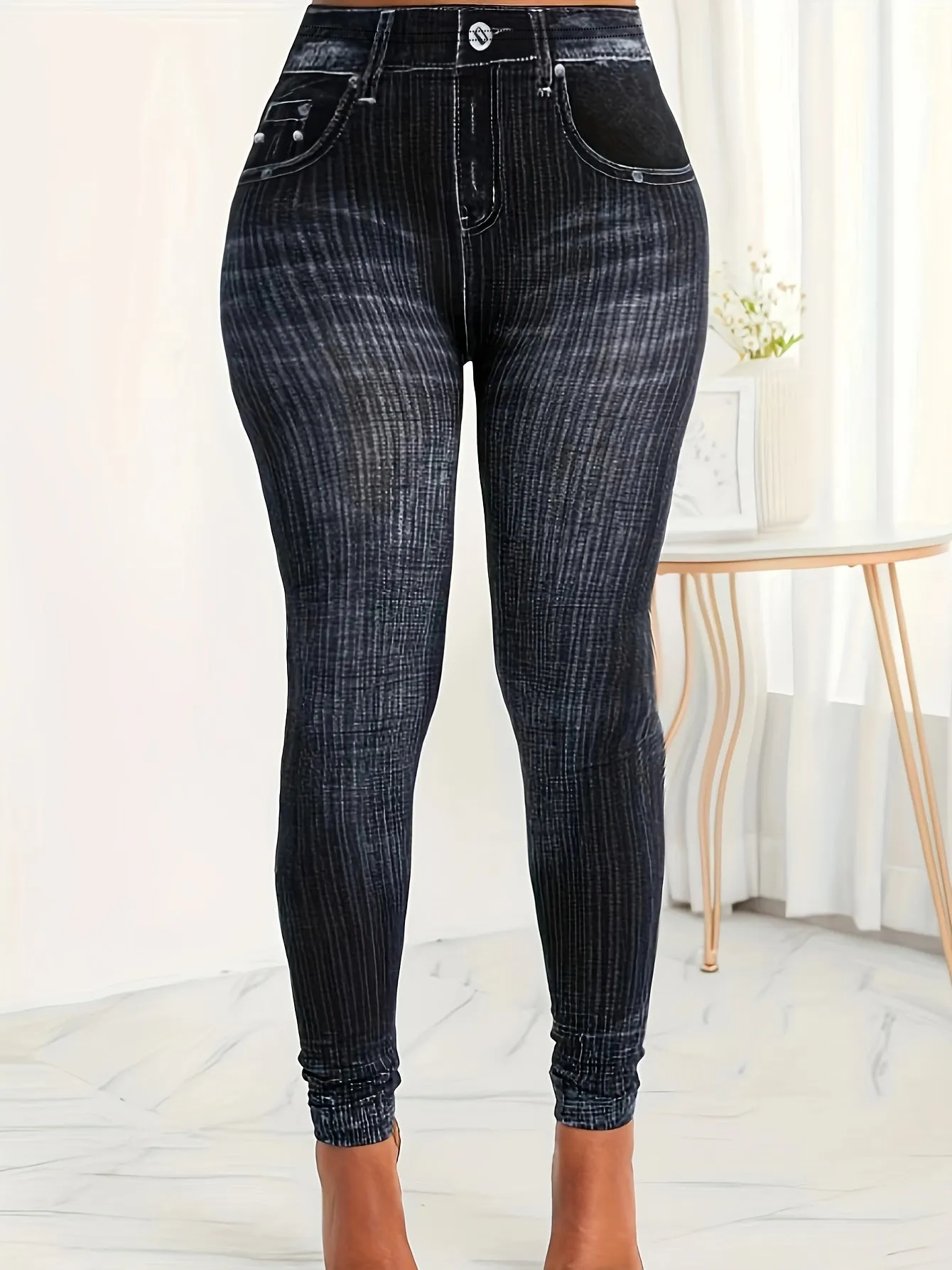 Women's Plus Denim Print High Rise Leggings - Effortless Style with Comfortable Stretch