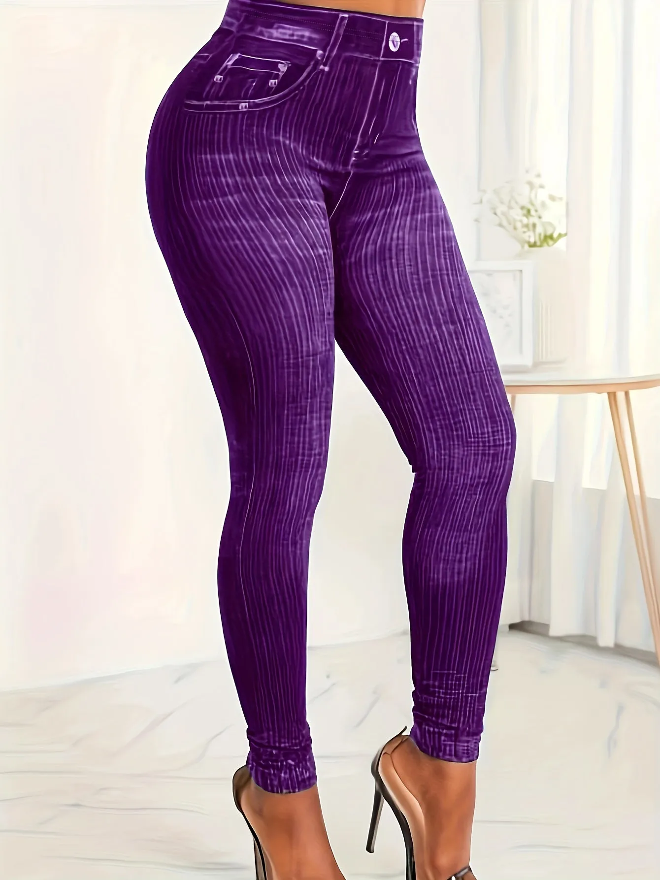 Women's Plus Denim Print High Rise Leggings - Effortless Style with Comfortable Stretch