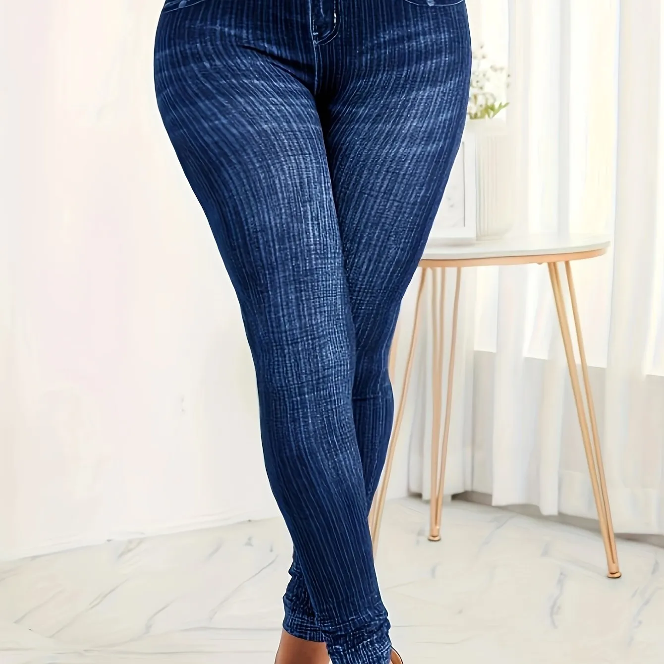 Women's Plus Denim Print High Rise Leggings - Effortless Style with Comfortable Stretch