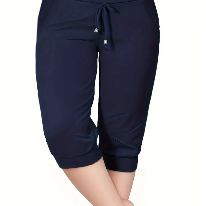 Women's Plus Size Solid Drawstring Capri Pants - Effortless Comfort for Casual Days