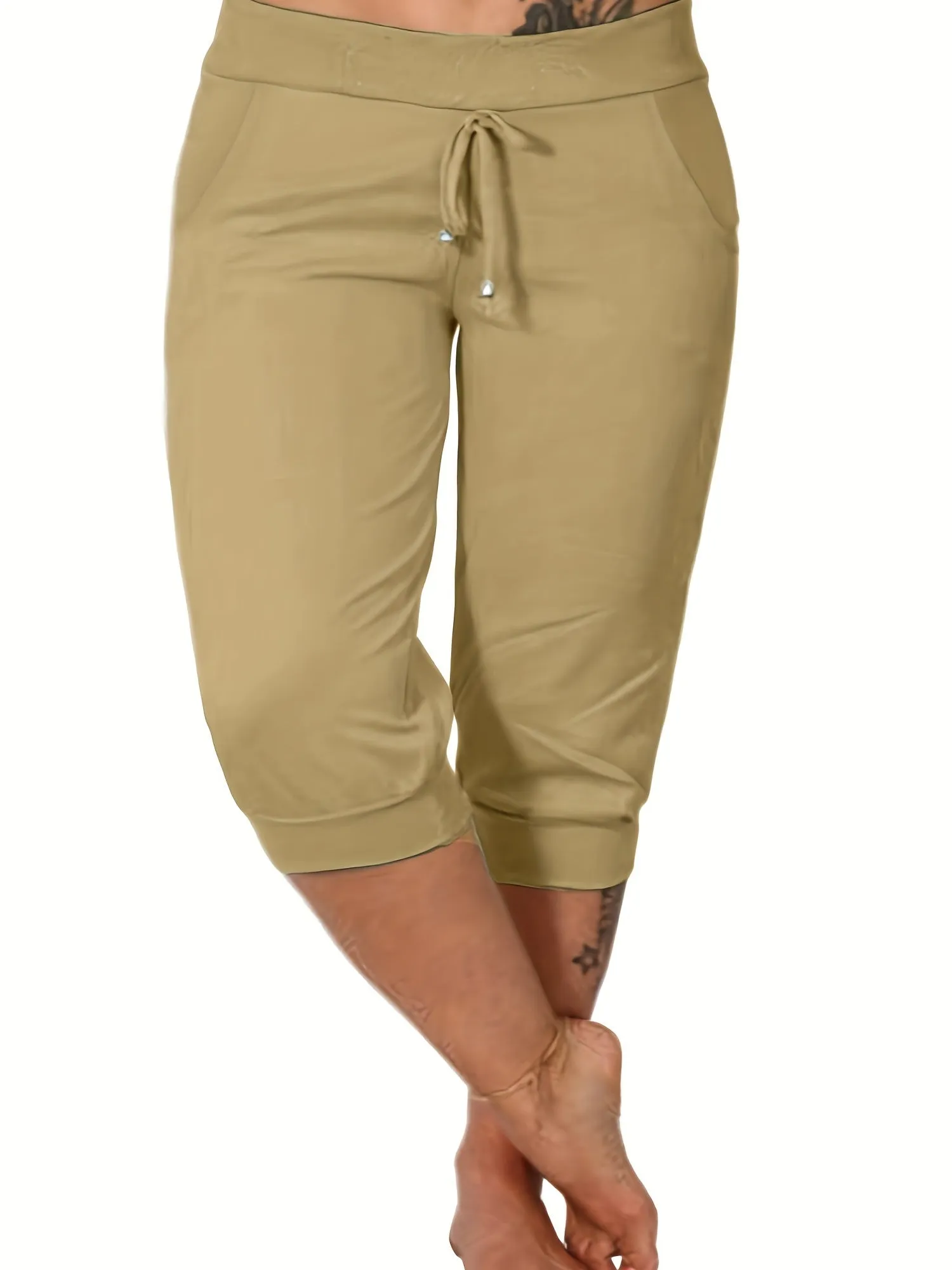 Women's Plus Size Solid Drawstring Capri Pants - Effortless Comfort for Casual Days