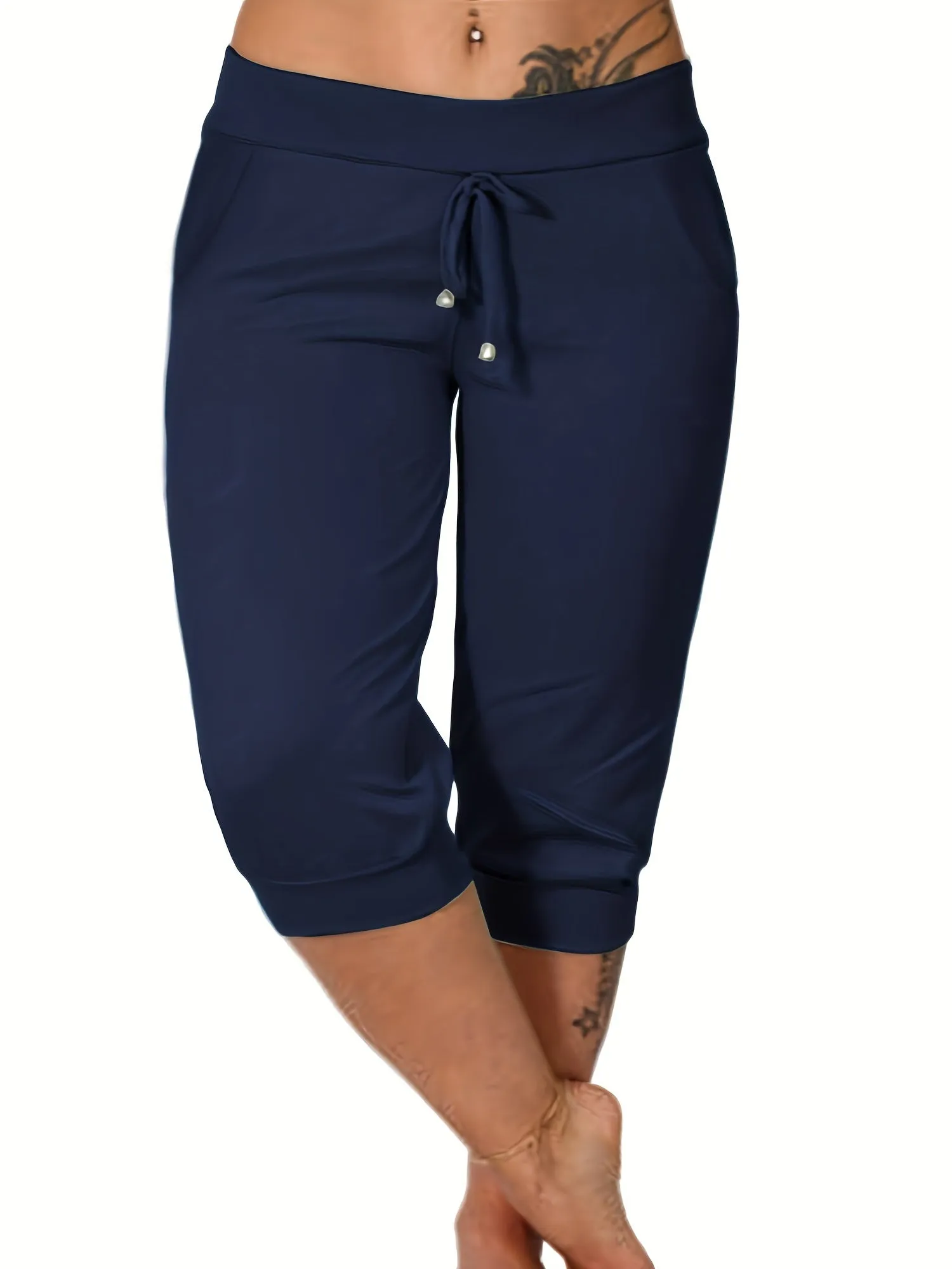 Women's Plus Size Solid Drawstring Capri Pants - Effortless Comfort for Casual Days