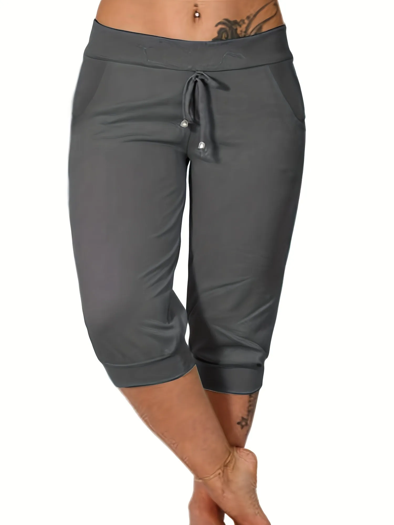 Women's Plus Size Solid Drawstring Capri Pants - Effortless Comfort for Casual Days