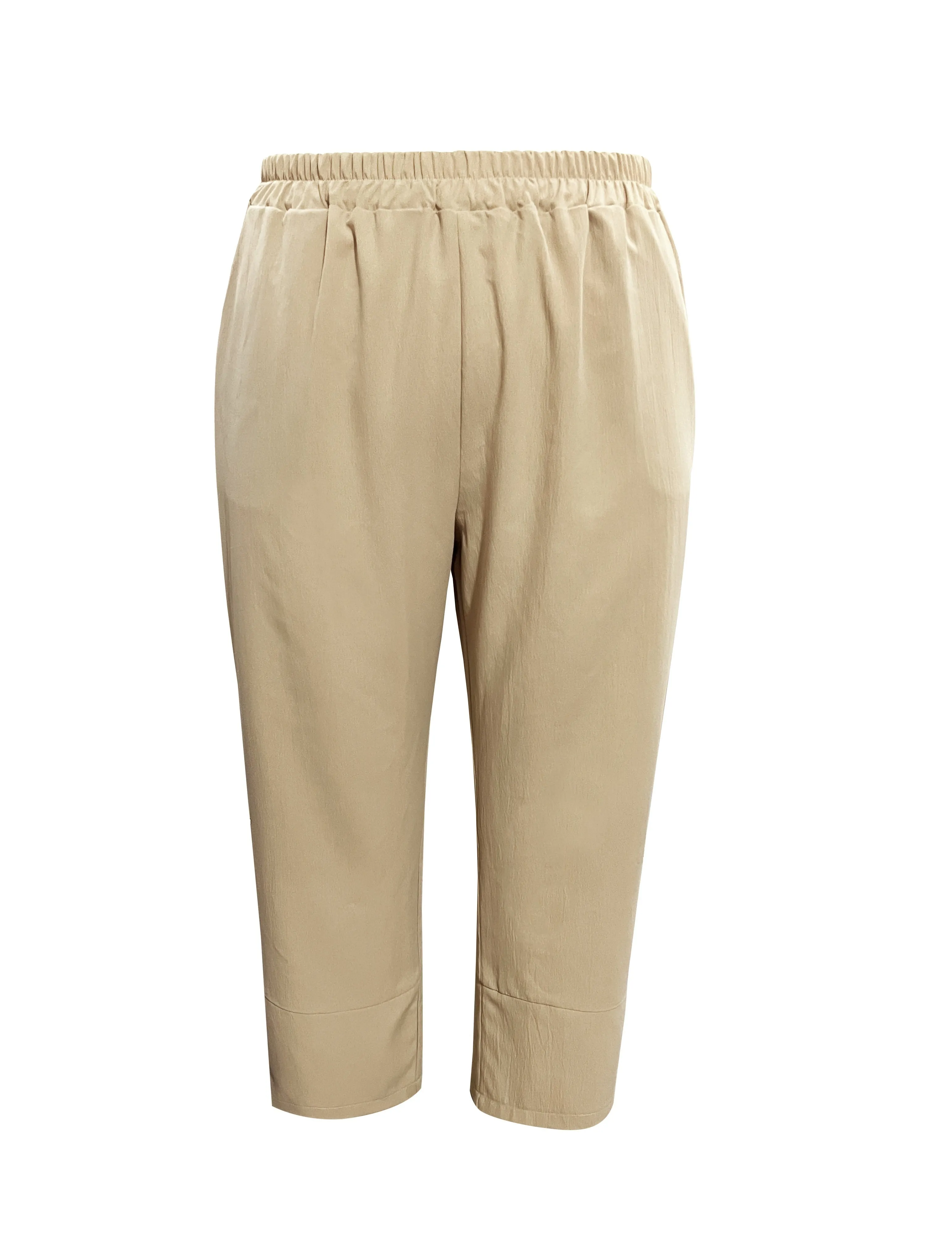 Women's Plus Solid Elastic Ruched Button Trousers - Comfort and Style with Convenient Pockets