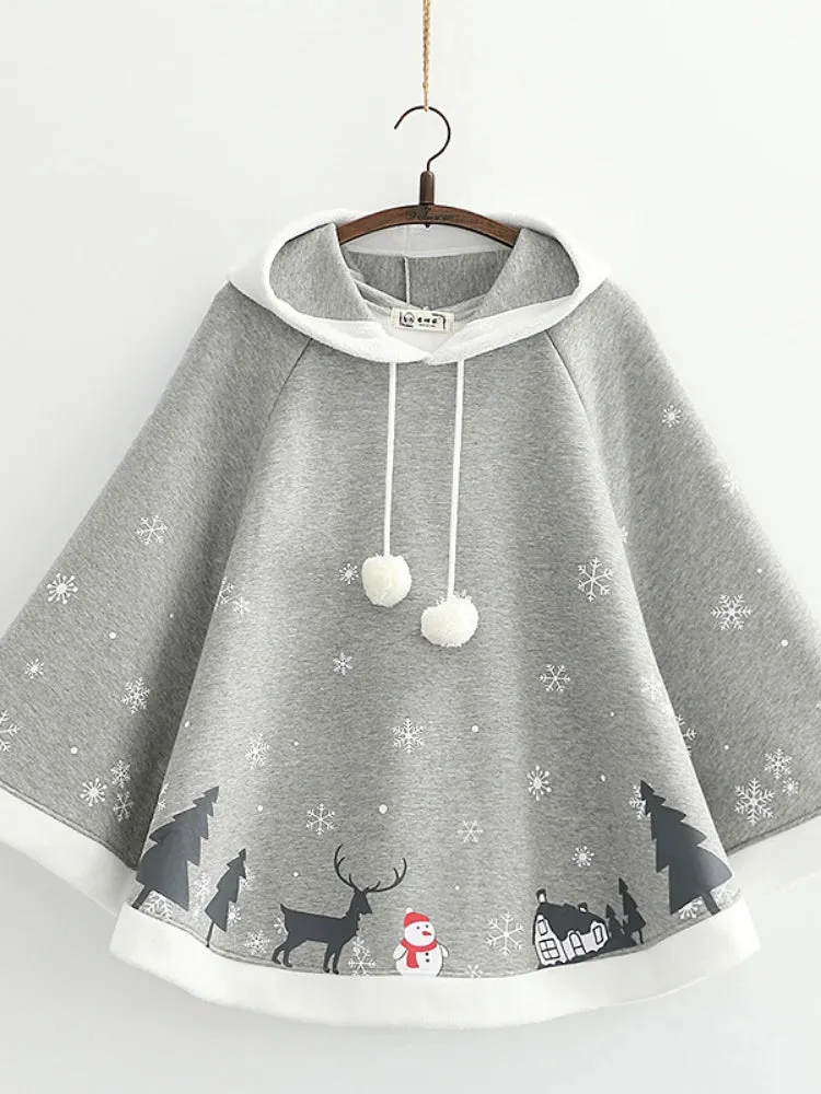 Women's Poncho Fleece Hooded Cape Coat Cartoon Print Batwing Sleeve   Bat Sleeved Female Winter Outwear Jacket