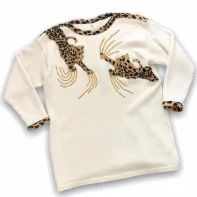 Women's Reow Leopard Embellished Pullover Jumper Sweater Size Large Long Sleeve Crewneck