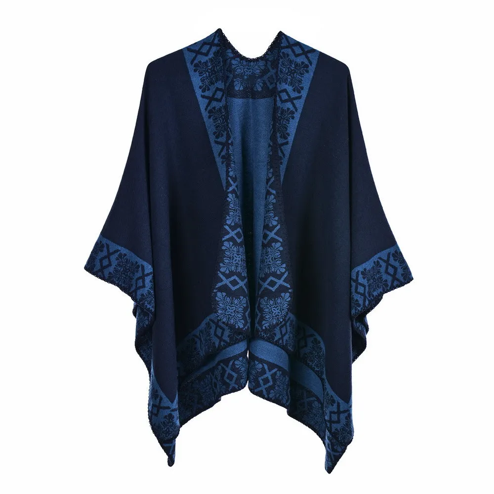 Women's reversible shawl vintage fashion jacquard split thickened warm cloak