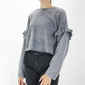 Women's Ruffled-Sleeve Crop Sweater,Grey