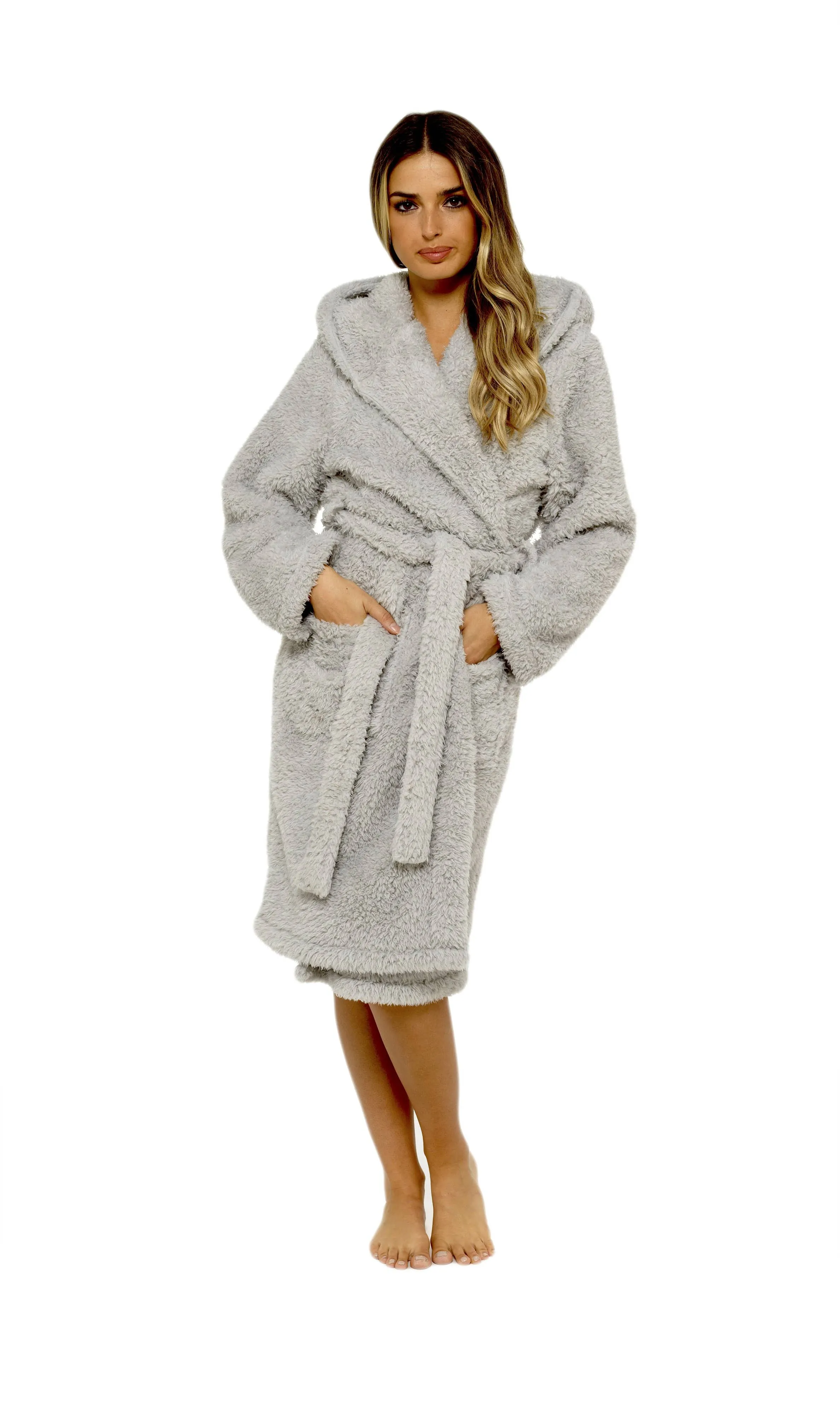 Women's Soft Grey Teddy Fleece Hooded Robe Ultra-Soft Sherpa Lined Cozy Nightwear Warm Dressing Gown by Daisy Dreamer