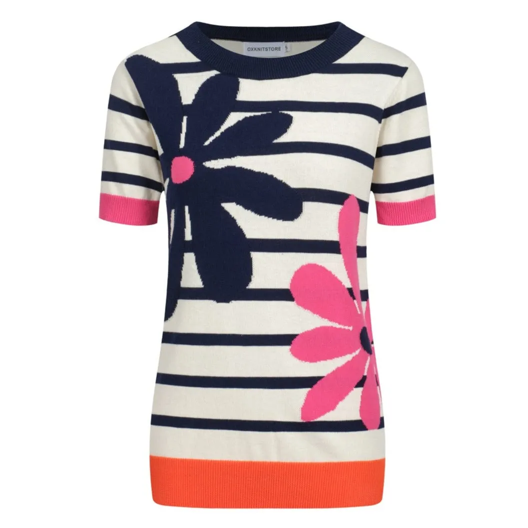 Women's striped floral knit T-shirt