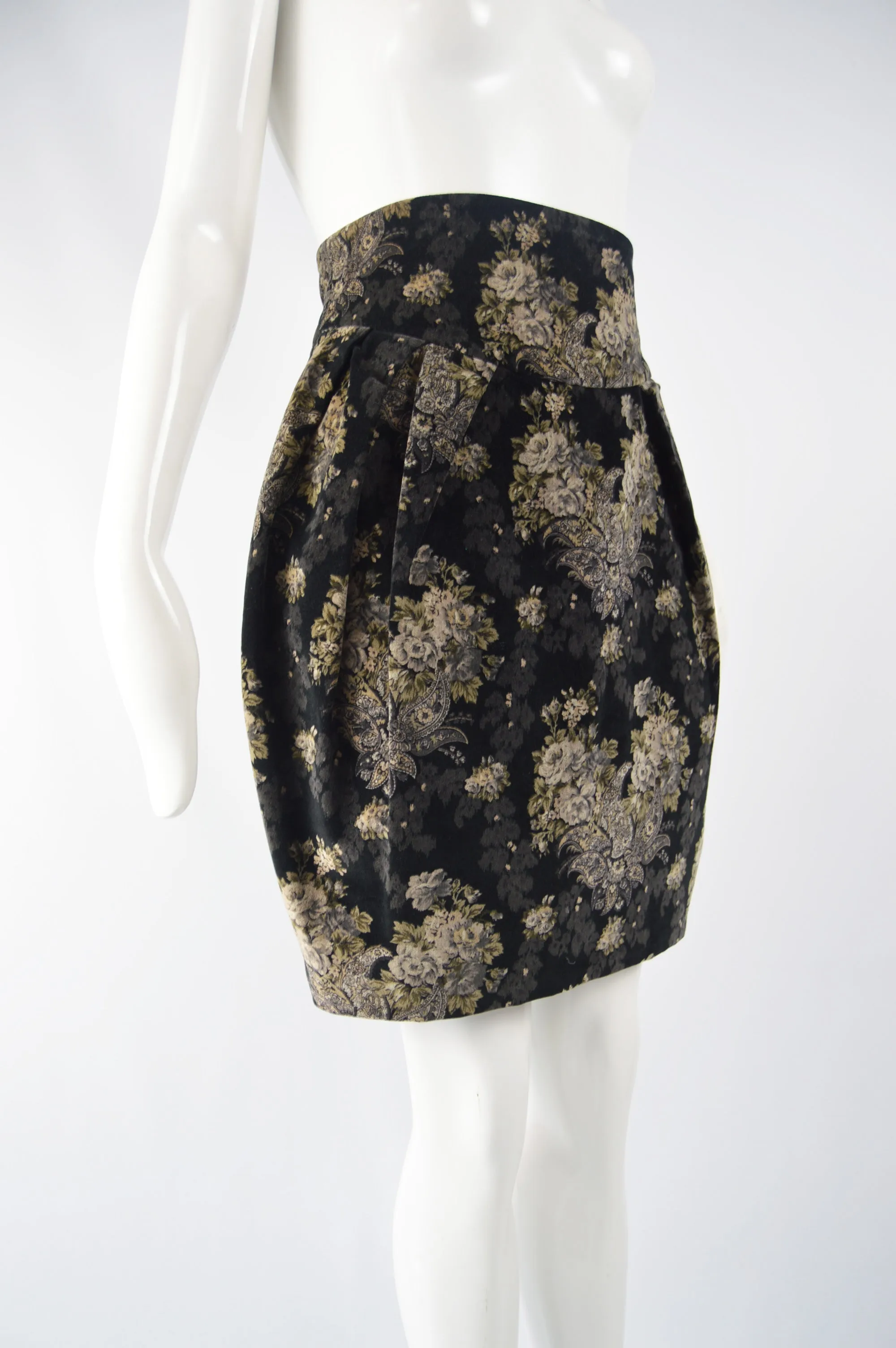 Womens Vintage Black Velvet Floral Print Skirt, 1980s