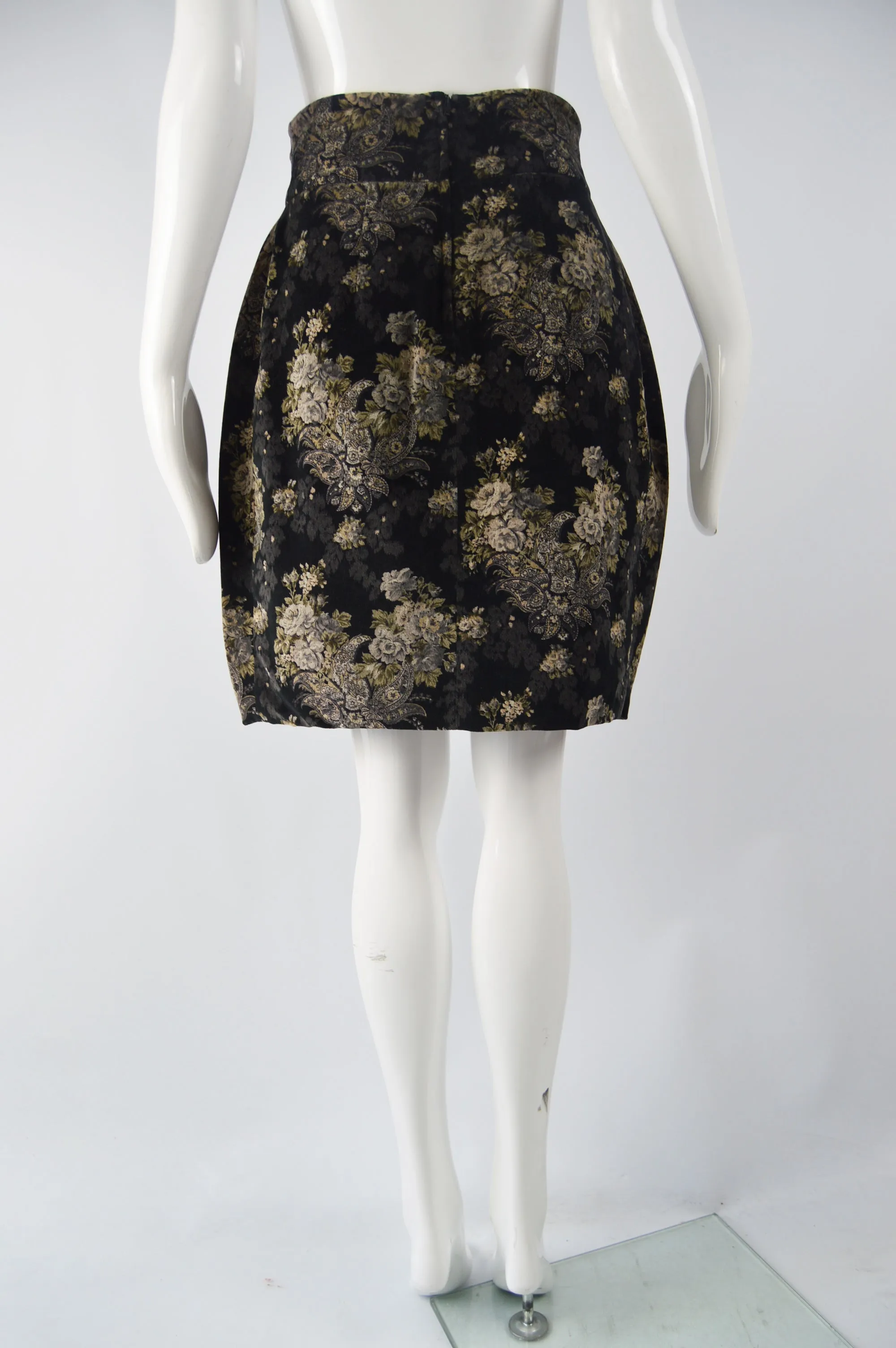 Womens Vintage Black Velvet Floral Print Skirt, 1980s