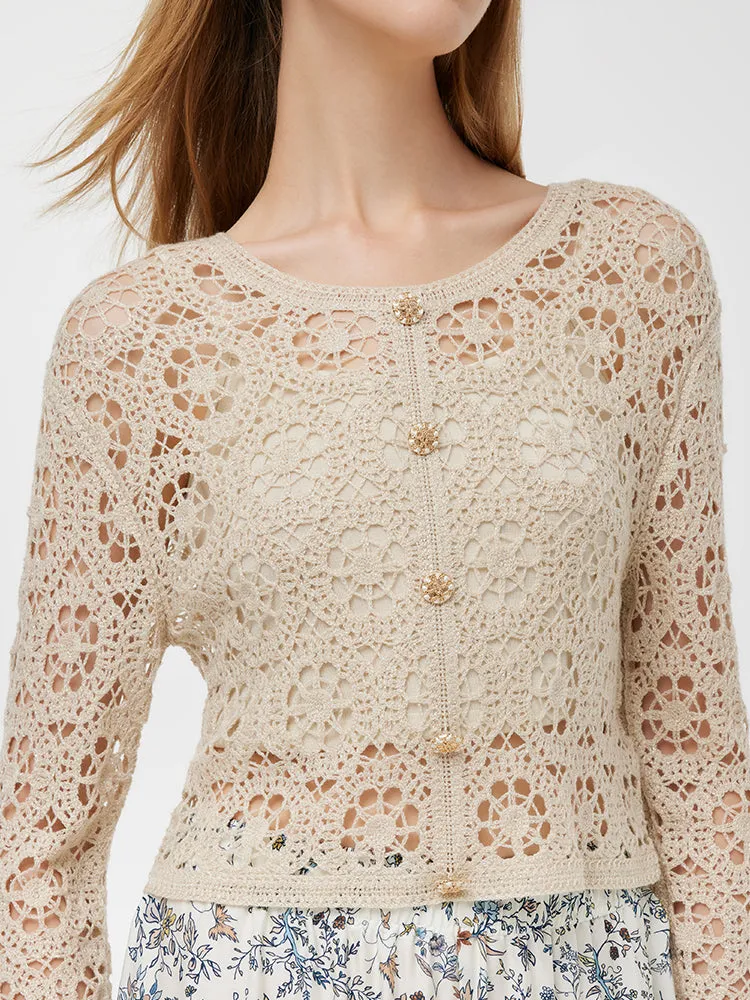 Wool Openwork Women Crop Knit Top With Camisole