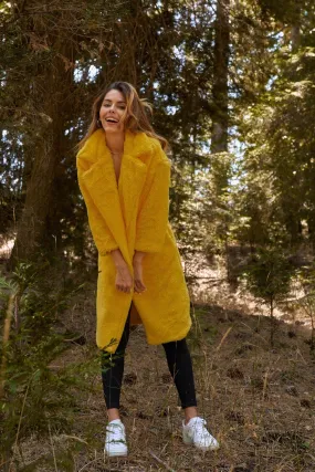 Yellow Long Sleeve Open Front Faux Fur Trench Coat /2-2-2