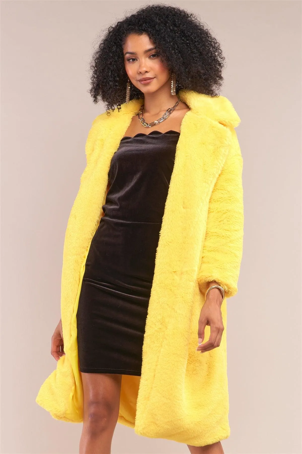 Yellow Long Sleeve Open Front Faux Fur Trench Coat /2-2-2