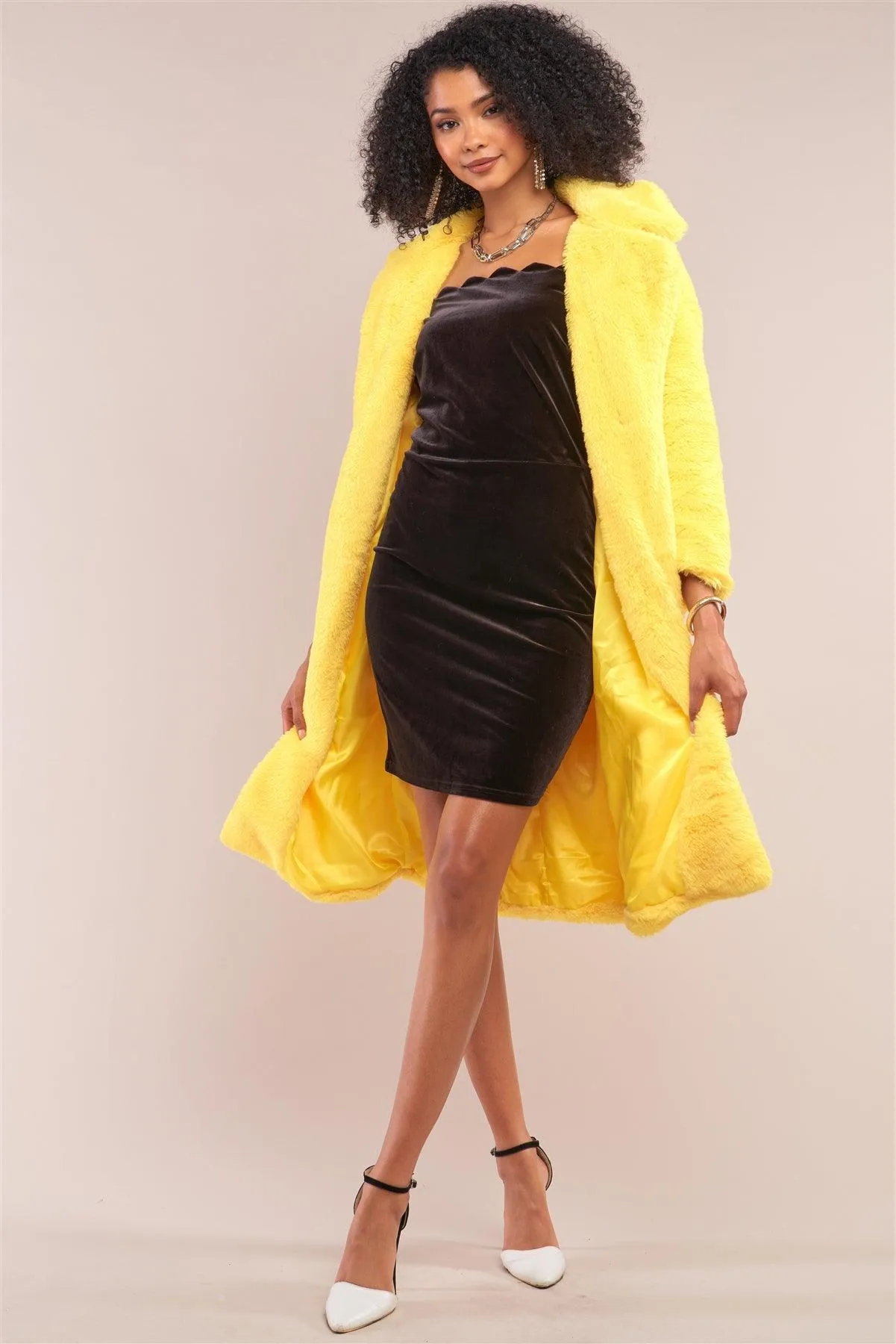 Yellow Long Sleeve Open Front Faux Fur Trench Coat /2-2-2